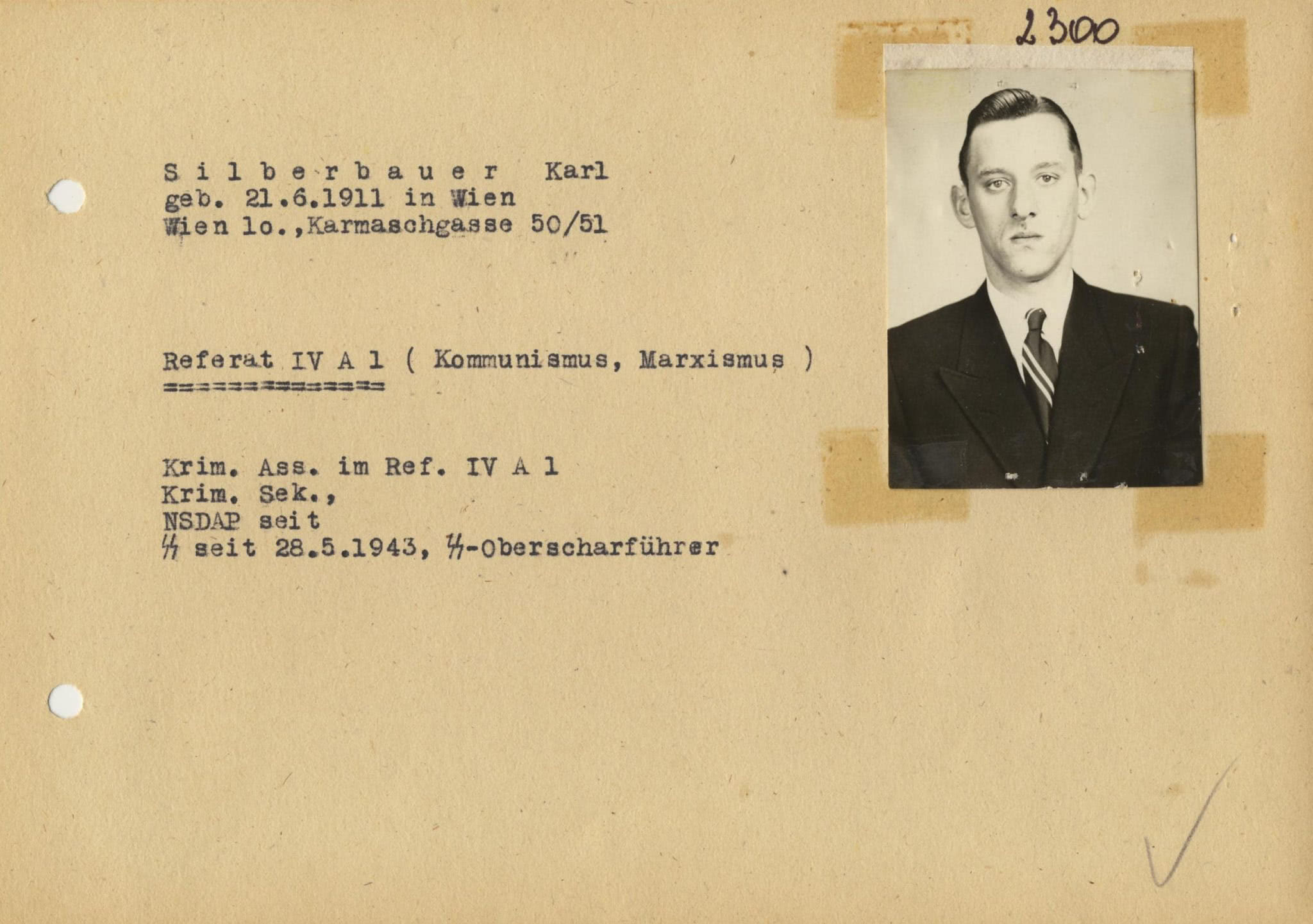Employee Card SS Oberscharfuhrer Karl Josef Silberbauer